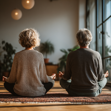 Instructor de yoga vorbind cu vârstnici